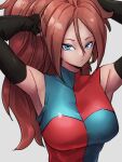  1girl android_21 armpits blue_eyes breasts checkered checkered_dress closed_mouth dragon_ball dragon_ball_fighterz dress earrings grey_background hair_between_eyes hoop_earrings jewelry kemachiku large_breasts long_hair looking_at_viewer ponytail redhead simple_background solo upper_body 