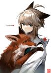  1girl absurdres ahoge animal animal_ears arknights bangs blue_eyes brown_eyes brown_fur carrying character_name closed_mouth fox fox_ears fur highres holding holding_animal jacket light_blush light_brown_hair long_sleeves looking_at_viewer looking_away moko_(moko/moko) patting red_cross short_hair short_hair_with_long_locks signature simple_background stamp sussurro_(arknights) white_background white_jacket 