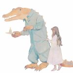  1girl animal barefoot blue_eyes brown_hair candle child claws clothed_animal crocodile crocodilian dress grabbing highres holding holding_candle long_hair long_sleeves original pajamas rt0no sharp_teeth standing teeth white_background white_dress 