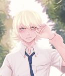  1boy ace_of_diamond arm_grab artist_name blue_eyes blue_neckwear blush chikikuto day hair_between_eyes highres looking_at_viewer necktie okumura_koushuu outdoors pocket shirt short_hair short_sleeves solo_focus upper_body white_hair white_shirt 