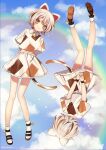  1girl :3 animal_ears ankleband arms_behind_back artist_name bangs bell calico cat_ears clouds collared_shirt floating full_body goutokuji_mike highres kyouda_suzuka light_blush looking_at_viewer midriff_peek multicolored multicolored_clothes multicolored_hair multicolored_shirt multicolored_skirt multicolored_tail multiple_views neck_bell patches rainbow sandals shirt short_hair short_sleeves skirt skirt_set sky streaked_hair tail touhou turnaround white_legwear yellow_eyes 