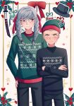  1boy 1girl alternate_costume black_headwear black_pants black_sweater blonde_hair blush bow braid brown_eyes cheer_(cheerkitty14) christmas_ornaments crossed_arms dangan_ronpa_(series) dangan_ronpa_2:_goodbye_despair english_commentary flower freckles glasses green_headwear green_sweater hair_ribbon hand_on_hip hat hat_removed headwear_removed height_difference highres katana kuzuryuu_fuyuhiko long_hair looking_at_another mole mole_under_mouth pants pekoyama_peko red_bow ribbon short_hair smile sweater sword twin_braids very_short_hair weapon white_background 