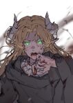  1girl audrey_hall black_robe bleeding blonde_hair blood green_eyes hand_up highres horns injury jewelry looking_at_viewer lord_of_the_mysteries necklace open_mouth pointy_ears robe scales solo teeth yiwuyan596 
