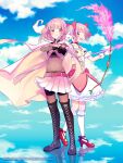  2girls aiming aniplex ankle_ribbon arrow_(projectile) back-to-back bangs belt bike_shorts black_footwear black_gloves blue_sky blunt_bangs bodystocking boots bow bow_(weapon) braid bubble_skirt buttons center_frills chain clenched_hand cloak closed_mouth clouds cloudy_sky collarbone commentary_request copyright_name cover cover_page creature creature_on_shoulder crop_top cross-laced_footwear crossbow dot_nose eyebrows_visible_through_hair fire flame flat_chest floating_hair flower frilled_legwear frilled_skirt frills fuji_fujino full_body gloves glowing groin hair_ribbon hand_on_own_arm highres holding holding_bow_(weapon) holding_weapon hood hood_down kaname_madoka kyubey leaf legs_together light_blush light_particles light_rays looking_at_another looking_at_viewer looking_to_the_side magia_record:_mahou_shoujo_madoka_magica_gaiden mahou_shoujo_madoka_magica midriff multiple_girls navel official_art on_shoulder open_mouth pink_belt pink_bow pink_eyes pink_flower pink_hair pink_rose pink_skirt pleated_skirt puffy_short_sleeves puffy_sleeves red_footwear red_ribbon reflection reflective_floor ribbon rose shiny shiny_hair short_sleeves sidelocks skirt sky smile socks soul_gem standing straight_hair tamaki_iroha thigh-highs thigh_boots turtleneck twin_braids waist_bow weapon white_cloak white_gloves white_legwear white_skirt zettai_ryouiki 