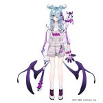  1girl blue_hair closed_mouth creature cross_hair_ornament dragon elira_pendora full_body gloves green_eyes grey_overalls hair_ornament hair_over_one_eye head_wings highres holding holding_weapon kamameshi_gougoumaru looking_at_viewer low_wings nijisanji nijisanji_en official_art one_eye_covered overalls oversized_forearms oversized_limbs shoes simple_background sleeves_past_fingers sleeves_past_wrists smile socks solo spiked_mace weapon white_background white_legwear wings 