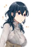  1girl absurdres ascot bangs blue_eyes blue_hair blush bra_through_clothes breasts byleth_(fire_emblem) closed_mouth commentary_request eyebrows_visible_through_hair fire_emblem fire_emblem:_three_houses flower hair_between_eyes haru_(nakajou-28) highres long_hair long_sleeves medium_breasts see-through_shirt shiny shiny_hair shirt simple_background solo upper_body white_background white_neckwear white_shirt 