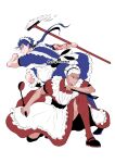  absurdres apron beads blue_hair bodypaint broom cover cover_page crossdressinging cu_chulainn_(fate)_(all) cu_chulainn_(fate/stay_night) doujin_cover dual_wielding fate/grand_order fate_(series) floating_hair frills full_body hair_beads hair_ornament highres holding holding_broom kiriko_(onigiri21) kneeling ladle long_hair maid maid_apron maid_headdress male_focus ponytail red_eyes red_legwear running short_hair spatula spiky_hair thigh-highs twitter_username white_background white_hair 