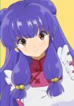  1girl apron bangs bell blush brown_eyes jingle_bell long_hair looking_at_viewer ponto1588 purple_hair ranma_1/2 shampoo_(ranma_1/2) sidelocks smile solo upper_body yellow_background 