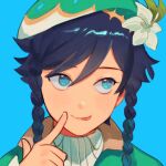  1boy :p androgynous bangs beret billm1ll black_hair blue_background blue_hair blush braid cape collared_cape collared_shirt english_commentary finger_to_cheek flower genshin_impact gradient_hair green_eyes green_headwear hat hat_flower highres leaf looking_to_the_side male_focus multicolored_hair shirt short_hair_with_long_locks simple_background smile solo tongue tongue_out twin_braids venti_(genshin_impact) white_flower white_shirt 