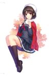  1girl bangs beret brown_eyes brown_hair full_body hat highres holding katou_megumi loafers looking_at_viewer misaki_kurehito official_art saenai_heroine_no_sodatekata school_uniform shoes short_hair simple_background skirt socks 