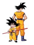  2boys age_comparison ankle_boots back-to-back black_eyes black_footwear black_hair blue_footwear boots clenched_hands clothes_writing collarbone dougi dragon_ball dragon_ball_(classic) dragon_ball_z dual_persona facing_viewer full_body hands_on_hips happy height_difference highres holding holding_weapon kubota_chikashi legs_apart looking_at_another looking_back looking_down looking_to_the_side male_focus multiple_boys muscular nyoibo official_style profile shoes simple_background smile son_goku spiky_hair standing weapon white_background wristband 