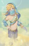  1boy arabian_clothes armlet bangs bare_shoulders blonde_hair blue_eyes bridal_gauntlets circlet collarbone crossdressinging detached_sleeves earrings feet_out_of_frame gerudo_set_(zelda) hand_on_hip harem_pants highres holding holding_weapon jewelry link looking_at_viewer male_focus midriff mouth_veil navel official_alternate_costume otoko_no_ko outdoors pants pointy_ears sand solo stomach the_legend_of_zelda the_legend_of_zelda:_breath_of_the_wild unmyeong veil weapon 