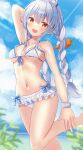  1girl animal_ear_fluff animal_ears arm_behind_head arm_up bangs bikini blue_bikini blue_bow blue_hair blue_sky blurry blurry_background blush bow braid breasts bunny-shaped_pupils carrot_hair_ornament clouds cloudy_sky commentary_request eyebrows_visible_through_hair feet_out_of_frame food_themed_hair_ornament frilled_bikini frills front-tie_bikini front-tie_top hair_ornament hand_on_leg highres hololive leg_up lens_flare long_hair medium_breasts multicolored_hair navel nibosi open_mouth orange_eyes rabbit_ears rabbit_girl shiny shiny_hair shiny_skin short_eyebrows sidelocks sky solo standing standing_on_one_leg stomach swimsuit thick_eyebrows thighs twin_braids twintails two-tone_bikini two-tone_hair upper_teeth usada_pekora virtual_youtuber white_bikini white_hair 