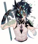  1boy absurdres ahoge arm_guards arm_tattoo armor asymmetrical_clothes bead_necklace beads black_hair character_name closed_mouth commentary_request detached_sleeves english_text fangs genshin_impact gloves gmpoo93 green_gloves highres horns jewelry male_focus mask masked medium_hair necklace one_eye_covered pendant polearm shoulder_armor shoulder_pads shoulder_spikes simple_background single_bare_shoulder single_detached_sleeve slit_pupils solo spear spikes tassel tattoo translation_request twitter_username weapon white_background xiao_(genshin_impact) yellow_eyes 