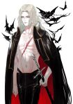  1boy alucard_(castlevania) androgynous bare_pectorals bat belt bishounen black_belt black_cape black_pants blonde_hair cape castlevania castlevania_(netflix) closed_mouth cropped_legs european_clothes high_collar holding holding_sword holding_weapon long_hair looking_afar male_focus navel nightarmster pale_skin pants pectorals scar scar_on_chest sheath sheathed simple_background solo standing stomach sword tail vampire weapon white_background yellow_eyes 