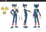  1boy artist_name bangs buttons character_sheet closed_mouth coin commentary_request elite_four grimsley_(pokemon) hair_between_eyes highres holding holding_coin jacket long_sleeves looking_at_viewer male_focus momoji_(lobolobo2010) multiple_views pants pokemon pokemon_(game) pokemon_bw scarf shoes smile spiky_hair standing yellow_scarf 