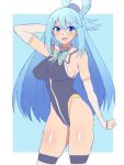  1girl adapted_costume aqua_(konosuba) arm_up arm_warmers armpit_crease blue_background blue_bow blue_eyes blue_leotard blue_neckwear blush bow bowtie breasts commentary covered_nipples cowboy_shot eyebrows_visible_through_hair hair_between_eyes hair_bobbles hair_ornament hair_rings highleg highleg_leotard highres kagemusha kono_subarashii_sekai_ni_shukufuku_wo! leotard light_blue_hair long_hair looking_at_viewer medium_breasts open_mouth shiny shiny_skin simple_background skindentation smile solo straight_hair thigh-highs thighs 