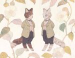  animal animal_focus black_pants blue_eyes brown_cat cat clothed_animal floral_background green_jacket grey_cat jacket long_sleeves neck_ribbon no_humans original pants ribbon rt0no shirt standing tabby_cat vest white_shirt 