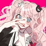  3j_dangan @_@ black_bra black_jacket blonde_hair blue_eyes blush bra breasts collared_shirt dangan_ronpa:_trigger_happy_havoc dangan_ronpa_(series) enoshima_junko jacket monokuma open_mouth pink_background red_nails red_ribbon ribbon shirt sweat twintails underwear wavy_hair white_shirt 