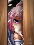  1girl aoba_(kancolle) blush commentary_request kantai_collection kyouran_souryuu looking_at_viewer purple_hair smile violet_eyes water_drop window yandere 
