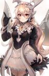  1girl alternate_costume black_gloves black_legwear breasts cappu corrin_(fire_emblem) dragon_girl dragon_horns dragon_wings enmaided fire_emblem fire_emblem_fates gloves grey_hair highres horns long_hair maid medium_breasts monster_girl monsterification rainbow red_eyes simple_background solo thigh-highs white_background wings zettai_ryouiki 