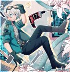  1boy ahoge alternate_costume arm_up bangs belt black_belt black_gloves blue_eyes boots border cheer_(cheerkitty14) cross-laced_footwear dangan_ronpa_(series) dangan_ronpa_v3:_killing_harmony english_commentary flower from_side gloves goggles goggles_on_head green_jacket grey_hair grey_sweater hammer highres jacket jewelry keebo knee_boots lamp male_focus necklace open_clothes open_jacket short_hair solo sweater tools white_border wrench 