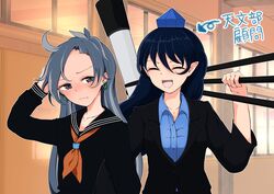  2girls absurdres blue_hair blue_shirt business_suit closed_eyes collared_shirt formal gem grey_eyes grey_hair grey_shirt handkerchief hat highres himemushi_momoyo holding_tripod iizunamaru_megumu indoors kaisenpurin medium_hair mullet multiple_girls orange_neckwear pointy_ears school_uniform shirt suit telescope tokin_hat touhou tripod 