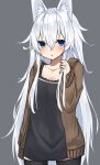  1girl absurdres animal_ear_fluff blue_eyes camisole cardigan grey_background highres holding holding_hair hood hood_down hooded_cardigan long_hair long_sleeves looking_at_viewer open_cardigan open_clothes original shiren_(utumu) simple_background white_hair 