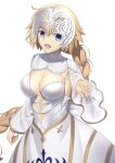  1girl bangs blonde_hair blue_eyes breasts center_opening dress fate/apocrypha fate/grand_order fate_(series) headpiece highres jeanne_d&#039;arc_(fate) jeanne_d&#039;arc_(fate)_(all) large_breasts long_hair long_sleeves looking_at_viewer lostroom_outfit_(fate) mishiro_(ixtlolton) open_mouth outstretched_arm smile very_long_hair white_dress 