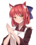  1girl animal_ears apron blue_bow bow breasts brown_kimono cat_ears extra_ears hair_bow japanese_clothes kemonomimi_mode kimono kohaku_(tsukihime) licking_lips red_eyes small_breasts smile solo tongue tongue_out tsukihime upper_body wa_maid white_apron yellow_eyes zero0ex 