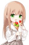 1girl :d bangs blush brown_hair commentary_request crepe dress eating eyebrows_visible_through_hair food fruit green_eyes grey_dress hair_between_eyes holding holding_food long_hair long_sleeves looking_at_viewer open_mouth original pleated_dress sailor_collar shirt sleeveless sleeveless_dress smile solo strawberry very_long_hair waka_(yuuhagi_(amaretto-no-natsu)) white_background white_sailor_collar white_shirt yuuhagi_(amaretto-no-natsu) 