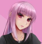  1girl bangs collarbone eyebrows_visible_through_hair hololive hololive_english jewelry locket long_hair looking_at_viewer mori_calliope necklace oldlim pendant pink_background pink_eyes pink_hair shirt solo t-shirt upper_body virtual_youtuber 