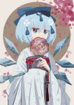  1girl alternate_costume bangs blue_eyes blue_hair bob_cut bow cirno covering_mouth fan hair_bow hair_ornament highres holding holding_fan ice ice_wings japanese_clothes kimono looking_to_the_side paper_fan shocho_(shaojiujiu) short_hair sleeves_past_wrists solo touhou uchiwa wide_sleeves wings wristband 