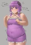  1girl bangs bare_shoulders blush breasts covered_navel cowboy_shot dress eyebrows_visible_through_hair furrowed_eyebrows grey_background hair_ornament highres looking_at_viewer no_nose notice_lines oruka_(kamituki0827) plump purple_hair sidelocks solo thick_thighs thighs translation_request violet_eyes voiceroid yuzuki_yukari 