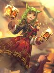  2girls animal_ears animal_on_shoulder bangs beer_mug blurry blurry_background brown_hair cat_ears cup dutch_angle facial_mark final_fantasy final_fantasy_xiv green_hair hide_(hideout) highres holding holding_cup long_hair miqo&#039;te mug multiple_girls open_mouth red_eyes red_panda side_braids skirt solo_focus tavern waitress whisker_markings 
