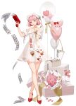  1girl absurdres artist_request balloon bangs bare_shoulders black_survival bouquet box breasts character_name closed_mouth collarbone crossed_legs dress earrings fingernails flower full_body gift green_eyes hair_flower hair_ornament heart heart_earrings highres holding jewelry lips money off-shoulder_dress off_shoulder official_alternate_costume official_art petals pink_flower pink_hair pink_rose red_footwear rose shoes short_dress short_sleeves smile solo standing stuffed_animal stuffed_bunny stuffed_toy transparent_background white_flower white_rose wristwear xia_zixuan 