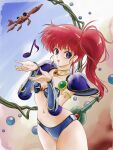  1980s_(style) 1girl aircraft armor asagiri_youko bikini bikini_armor commentary_request genmu_senki_leda highres long_hair musical_note open_mouth partial_commentary purple_bikini redhead retro_artstyle side_ponytail solo swimsuit tamanegiinyo violet_eyes 