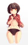  1girl abs breasts brown_hair buruma commentary_request cropped_legs eyebrows_visible_through_hair highres jacket jersey lifted_by_self long_sleeves looking_at_viewer master_nabesama navel original red_eyes short_hair signature solo sports_bra stomach track_jacket track_suit under_boob 