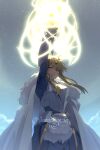  1girl arm_up armor armored_dress artoria_pendragon_(all) artoria_pendragon_(lancer)_(fate) blonde_hair blue_dress breastplate cape cis05 clouds commentary_request dress english_text eyebrows_visible_through_hair fate/grand_order fate_(series) floating_hair fur-trimmed_cape fur_trim gauntlets glowing glowing_weapon green_eyes hair_between_eyes hair_ornament holding holding_lance holding_polearm holding_spear holding_weapon knight lance light_particles long_hair long_sleeves looking_at_viewer outdoors parted_lips polearm rhongomyniad_(fate) sidelocks sky solo spear teeth twitter_username weapon white_cape 