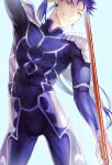  1boy armor beads blue_bodysuit blue_hair bodysuit bulge changye closed_mouth cu_chulainn_(fate)_(all) cu_chulainn_(fate/stay_night) earrings fang fate/stay_night fate_(series) floating_hair gae_bolg_(fate) grin hair_beads hair_ornament holding holding_polearm holding_weapon jewelry long_hair looking_at_viewer male_focus muscular muscular_male pauldrons polearm ponytail red_eyes shoulder_armor simple_background skin_tight smile solo spiky_hair weapon 