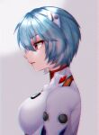  1girl ayanami_rei blue_hair bodysuit breasts from_side hairpods hanapi_(happ03nanana03) highres interface_headset neon_genesis_evangelion pilot_suit plugsuit red_eyes short_hair small_breasts solo upper_body white_bodysuit 