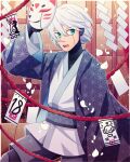  1boy alternate_costume android bangs blue_eyes border cheer_(cheerkitty14) clothing_request cowboy_shot dangan_ronpa_(series) dangan_ronpa_v3:_killing_harmony english_commentary fox_mask grey_hair hair_between_eyes highres holding japanese_clothes keebo kimono long_sleeves looking_at_viewer male_focus mask mask_removed monokuma open_mouth rope sash smile solo upper_teeth white_border white_hair wide_sleeves 
