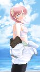  1girl absurdres arknights bangs black_pants blue_eyes blue_poison_(arknights) blue_sky braid caibao_return clouds cloudy_sky day from_side highres jacket looking_at_viewer ocean open_clothes open_jacket outdoors pants pink_hair sky smile solo sports_bra twin_braids 