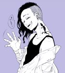  1boy braid clothes_down collarbone commentary_request forked_tongue nail_polish original piercing plug_(piercing) purple_background shirt sidecut signature smile solo spot_color tank_top tattoo teeth tongue tongue_out translated waving yuna-tu 