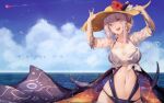  1girl blue_wings breasts dragon_girl dragon_wings flower hat hat_flower highres large_breasts looking_at_viewer monster_hunter_(series) namielle navel orange_eyes personification see-through see-through_shirt sharp_teeth shirt short_hair_with_long_locks smile solo straw_hat suiiryu sun_hat swimsuit swimwear teeth webbed_hands wet wet_clothes wet_shirt white_hair wings 