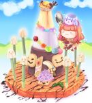  &gt;_&lt; 1girl :3 bangs blunt_bangs blush bra brown_capelet brown_hair candle candy chibi chocolate chocolate_syrup closed_mouth commentary_request drops_(ragnarok_online) food full_body hizukiryou holding holding_spoon jelly_bean long_hair mage_(ragnarok_online) marionette_(ro) pancake pelvic_curtain poporing poring pudding ragnarok_online red_bra red_skirt showgirl_skirt skirt smile spoon underwear whisper_(ragnarok_online) 