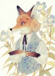  animal animal_focus animal_in_clothes black_neckwear blue_eyes blue_vest bow crossed_arms floral_background floral_print flower fox highres looking_to_the_side no_humans original portrait ribbon rt0no shirt upper_body vest white_shirt 