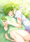  1girl absurdres bangs bed blunt_bangs blush borrowed_character cellphone commentary eyebrows_visible_through_hair flipped_hair green_eyes green_hair heart highres legs_folded long_hair looking_at_another open_mouth original osanai_(shashaki) phone pillow rainbow sharp_teeth shirt short_sleeves shorts smartphone solo spoken_heart teeth teltelhousi twitter_username white_shirt 