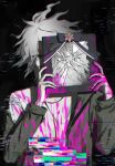  1boy bangs black_background black_bow blood bloody_clothes bloody_hands bow broken_glass dangan_ronpa_(series) dangan_ronpa_2:_goodbye_despair glass glitch green_jacket grey_hair hands_up highres holding iei jacket komaeda_nagito long_sleeves looking_at_viewer male_focus messy_hair off_shoulder open_clothes open_jacket pink_blood shirt short_hair solo unmyeong upper_body white_hair 