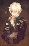  1boy blonde_hair green_scarf hand_up harry_potter highres holding holding_wand long_sleeves looking_at_viewer male_focus original parted_lips pigeon666 scar scar_on_face scarf shindan_maker signature smile solo upper_body wand yellow_eyes 
